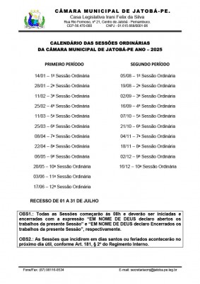 Calendário das Sessões Ordinárias-2025